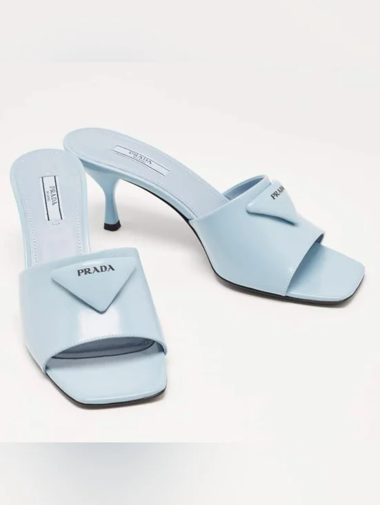 PRADA Burnished Leather Heeled Slide Sandals In Celeste EU 37.5 US 7.5 Org $1295 - Picture 1 of 16